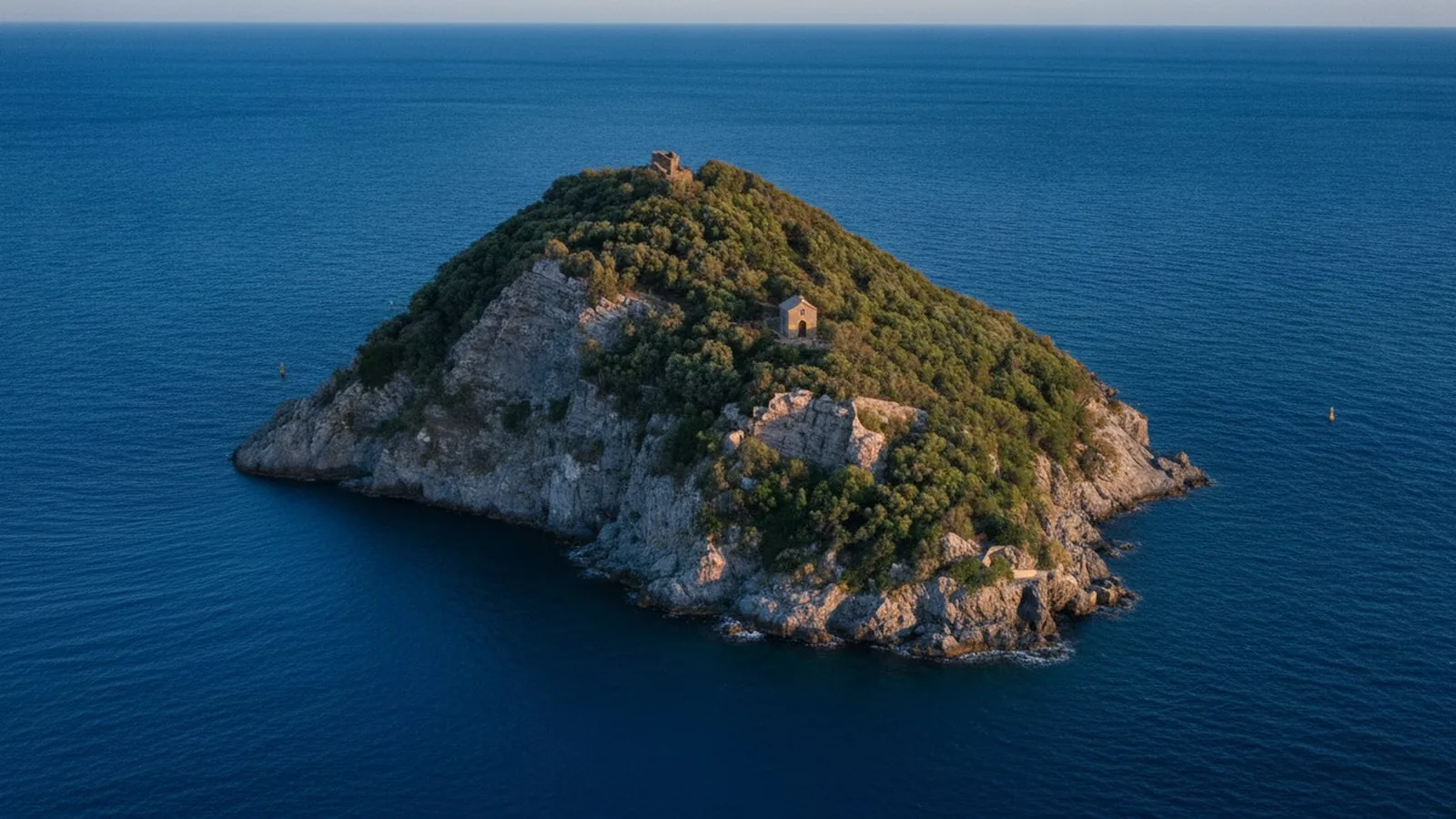L'Isola di Bergeggi, cono di roccia calcarea coperto di macchia mediterranea in mezzo al mare
