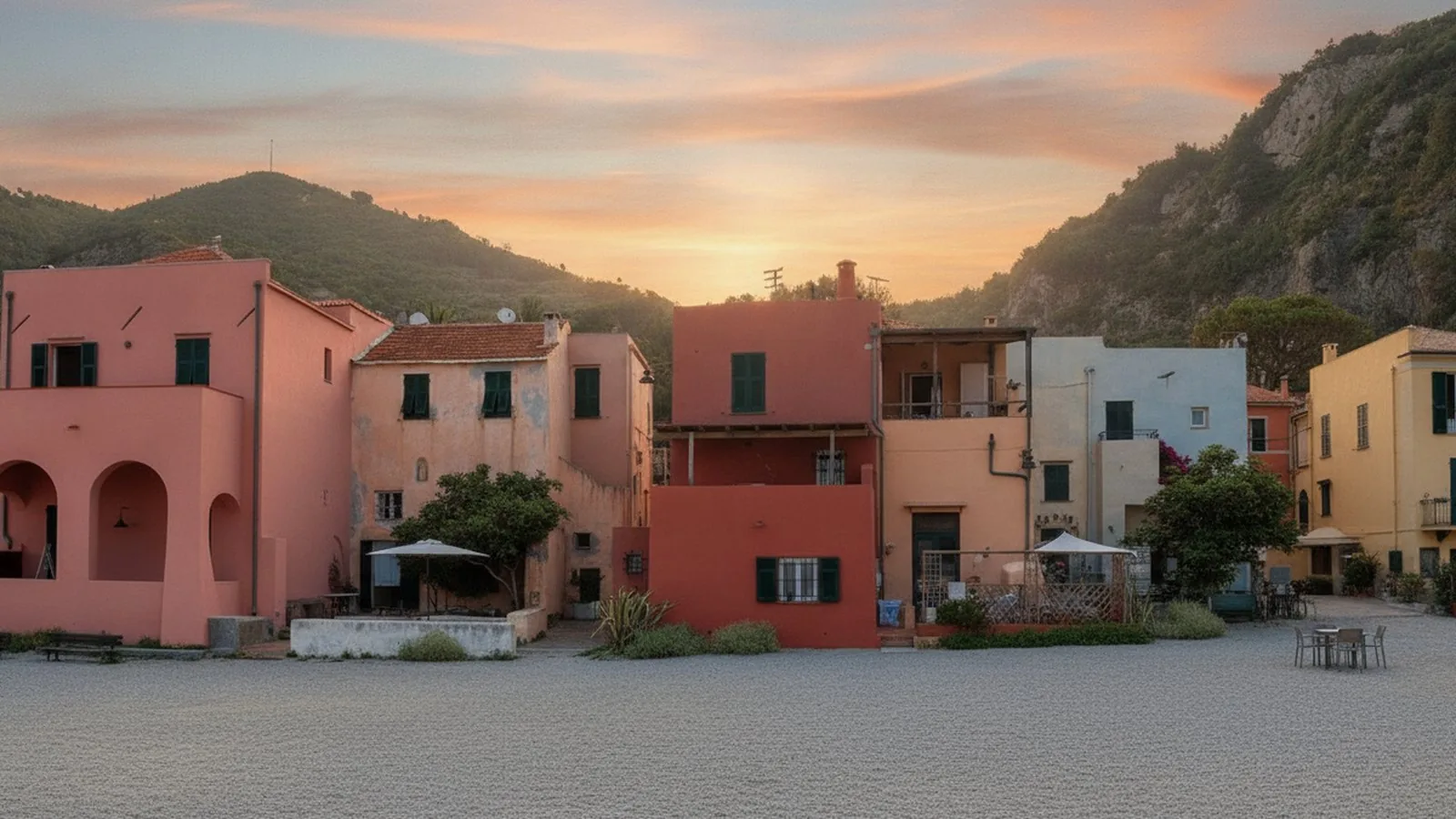 Le case color ocra e rosa del Borgo Saraceno di Varigotti affacciate sulla spiaggia